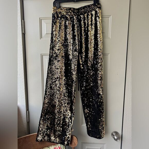 Milly Black & Gold Sequin Drawstring Track Pants – Size S - Picture 1 of 13